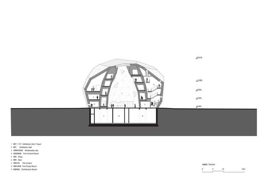 Section drawing of the Space Crystals museum by Open Architecture