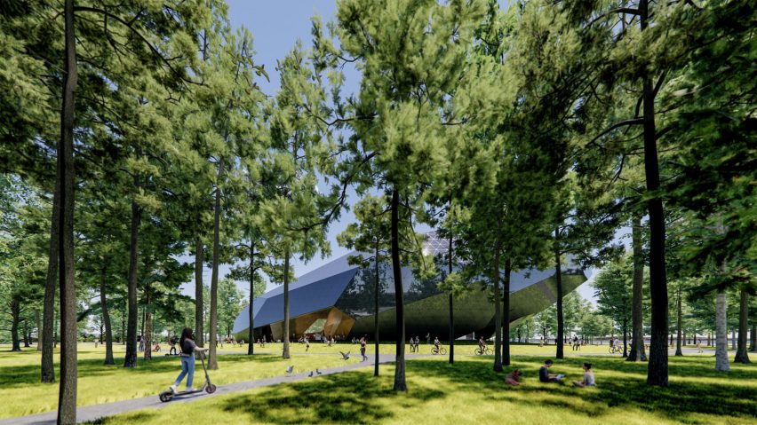 Faceted black Space Crystal museum by Open Architecture