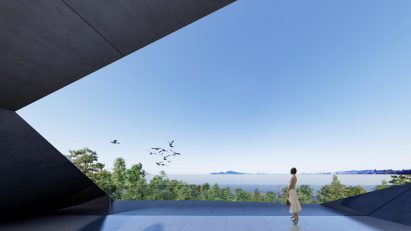 Outdoor terrace overlooking the sea at the Space Crystal museum