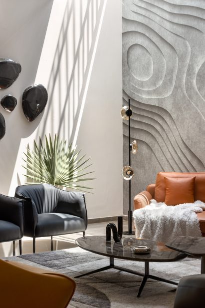 Living room with concrete backdrop