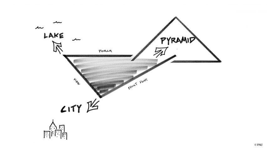 A geometric sketch of a the expansion to the Rock and Roll Hall of Fame that shows two interlocking triangles