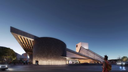 An expansion to the Rock and Roll Hall of Fame at night