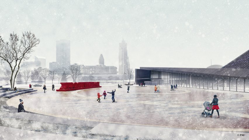 A rendering of the Rock and Roll of Fame in the snow