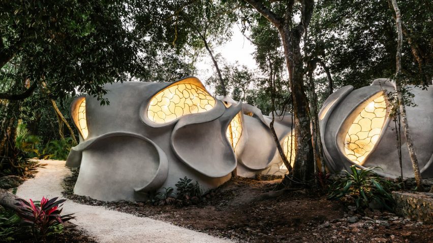 An organic shaped building in the jungle