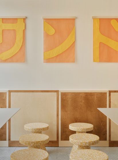 Seating area in Sando burger restaurant