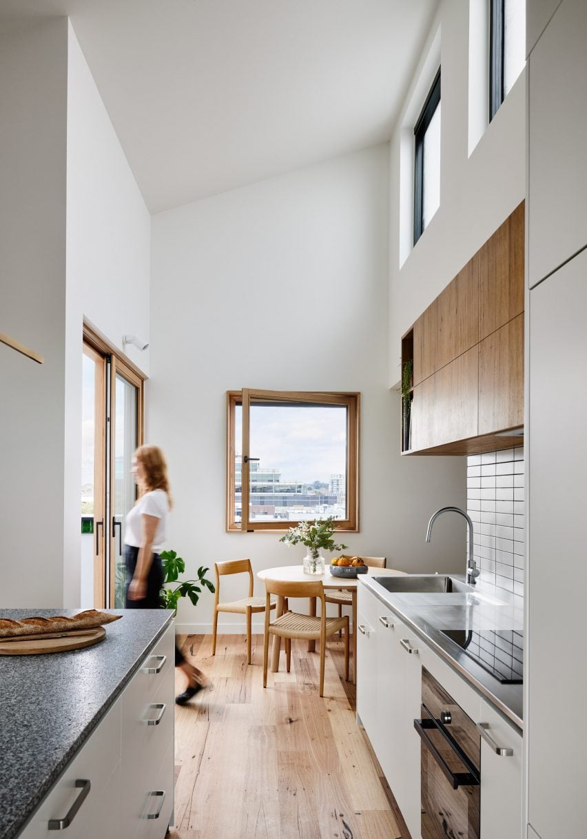 Kitchen at the Ferrars and York apartment building with white walls and wooden flooring