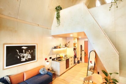 Paneled walls in A-frame cabin interior