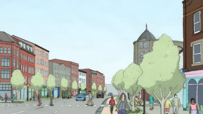 Illustration of proposed transformation to a road in Rochdale by Create Streets