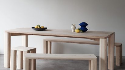 Wooden dining table, benches and stools by Goldfinger and the Tate Modern