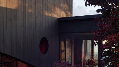 Charred timber exterior of Somers House by Kennedy Nolan