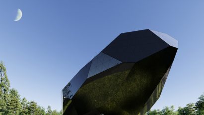 Faceted black Space Crystal museum by Open Architecture