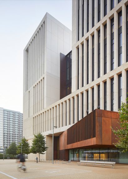 Entrance to UCL East Marshgate with a weathering steel lecture hall
