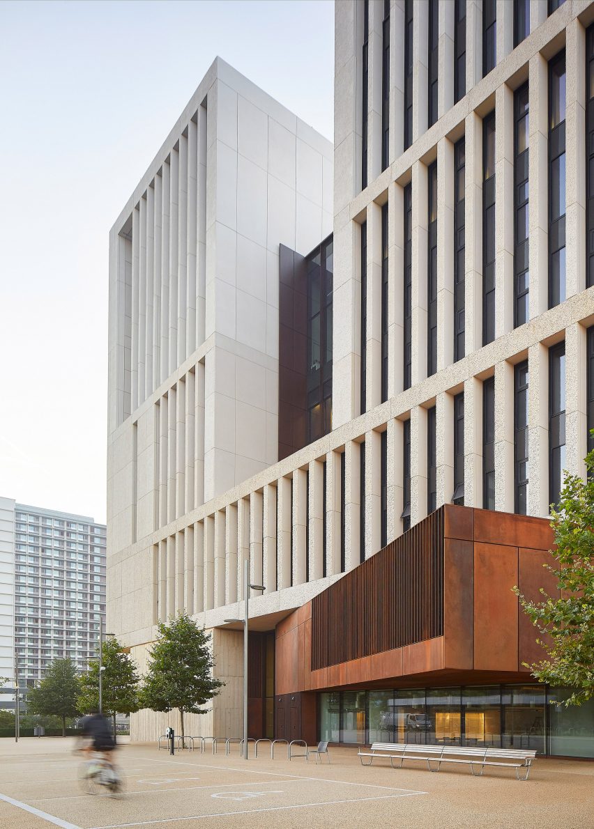 Entrance to UCL East Marshgate with a weathering steel lecture hall