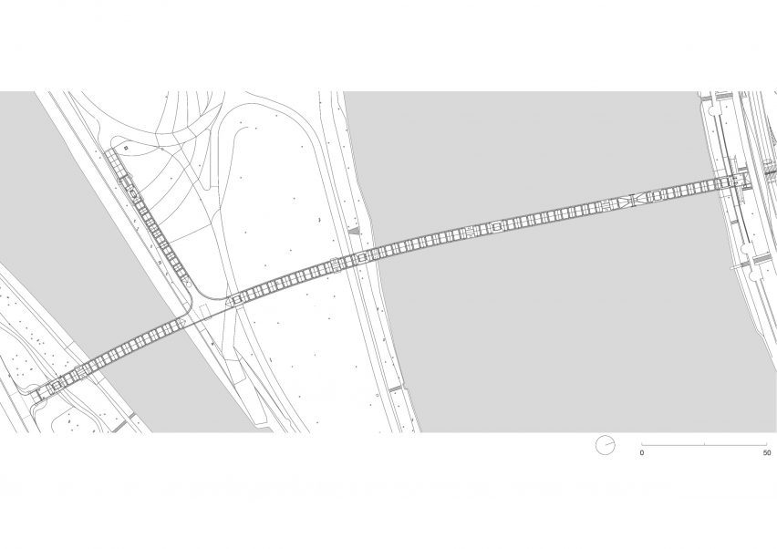 Floor plan of Štvanice Footbridge in Prague by Petre Tej, Marek Blank and Jan Mourek