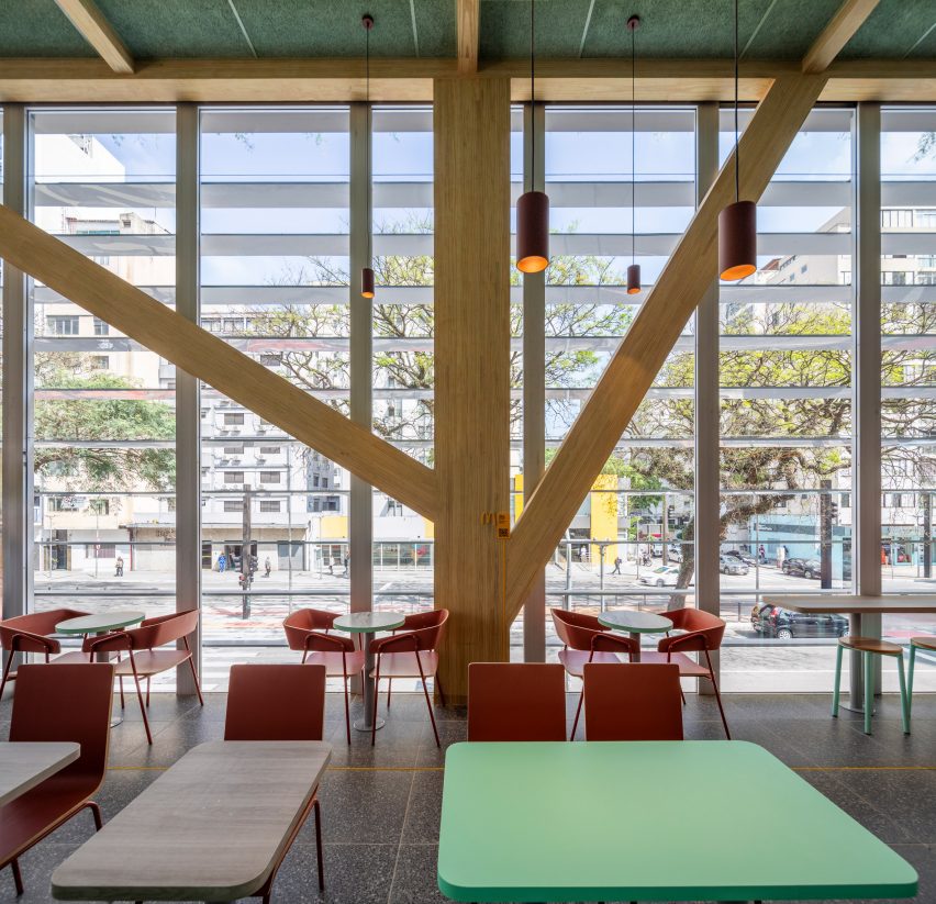 Mass timber columns and seating at the Sao Paulo McDonald's