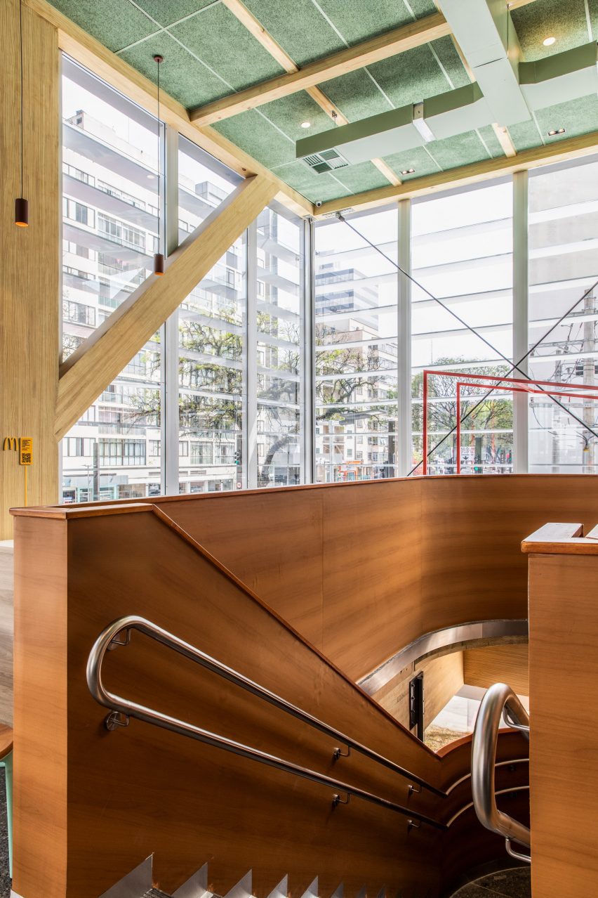 Glass facade and wooden staircase at the Sao Paulo McDonald's