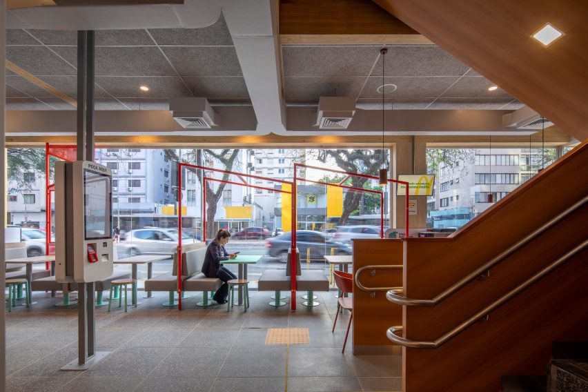Interior of the mass timber McDonald's in Sao Paulo
