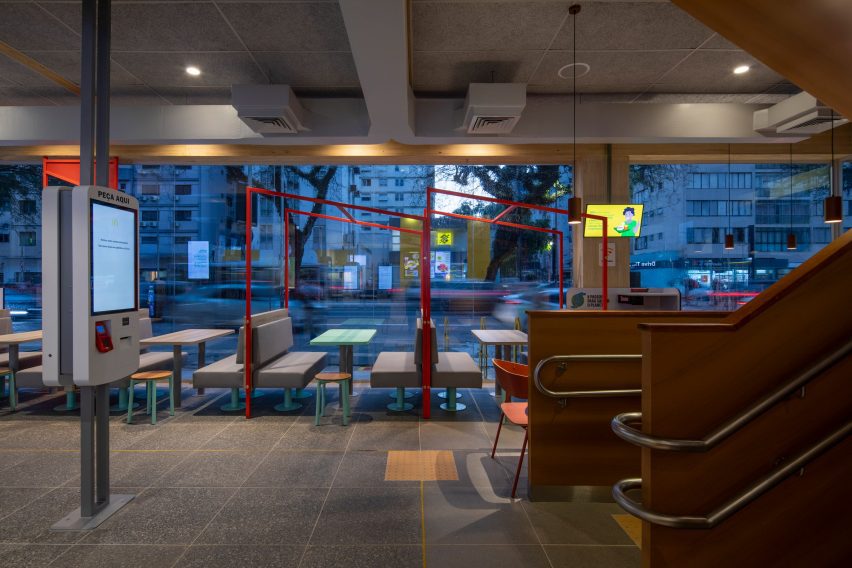 Interior of the mass timber McDonald's in Sao Paulo