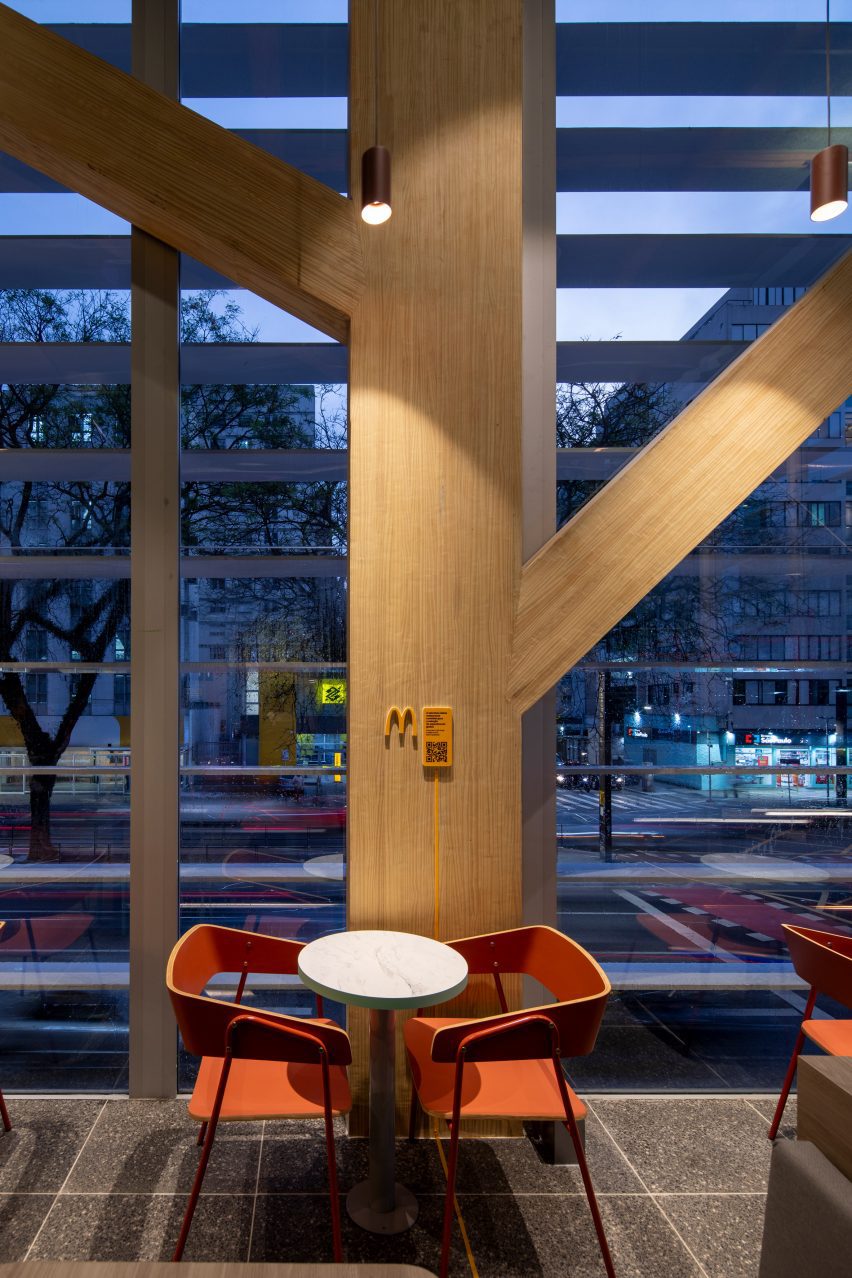 Mass timber columns and seating at the McDonald's in Sao Paulo