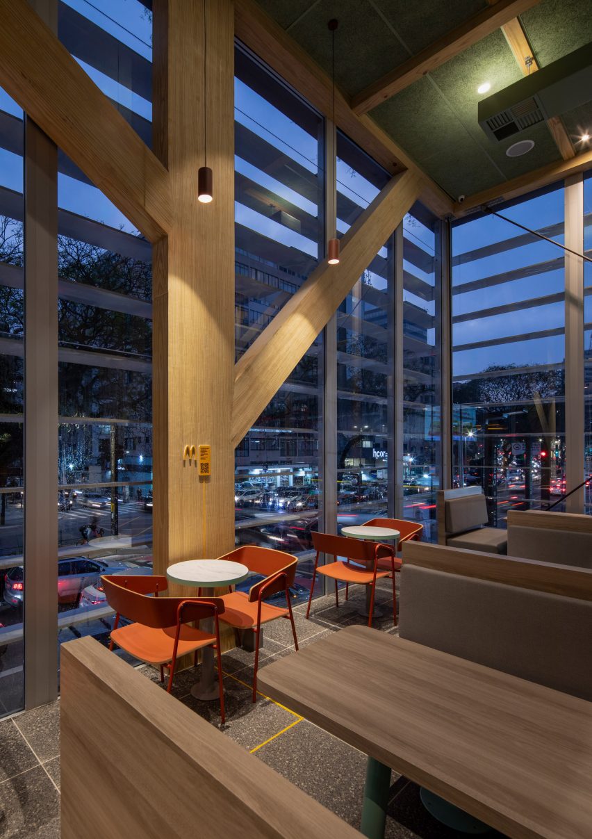 Mass timber columns and seating at the McDonald's in Sao Paulo
