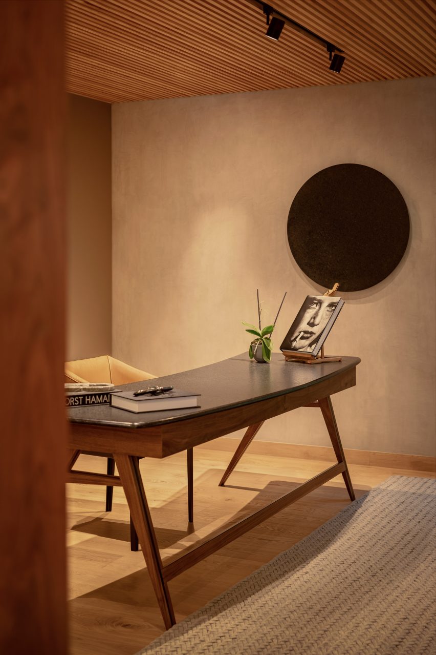 Home office with wooden desk