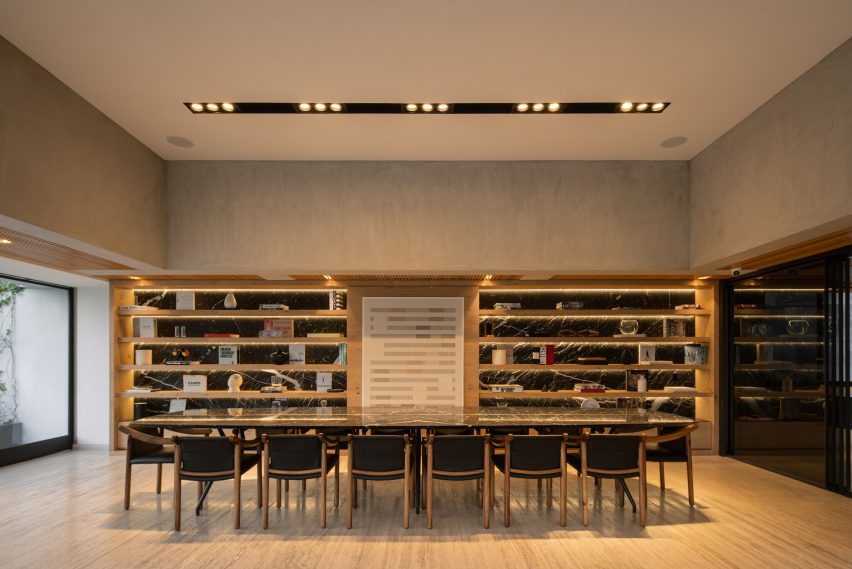 Large dining room in a concrete interior