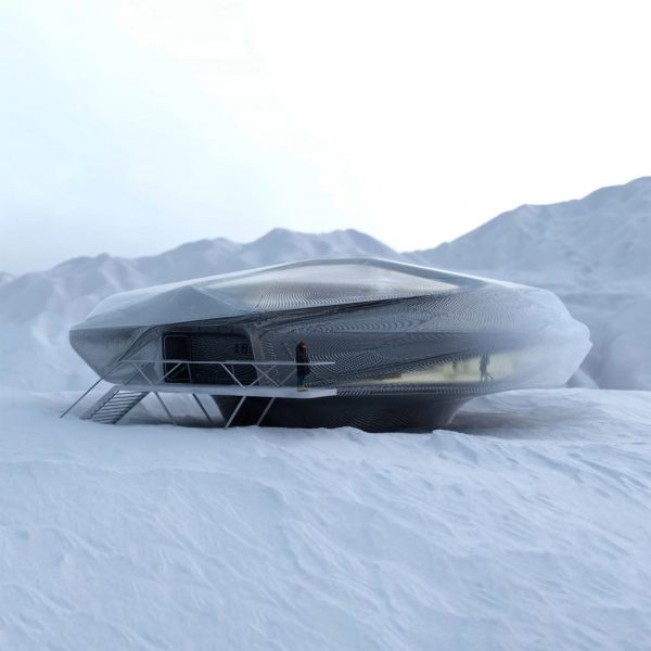 architectural visual of a UFO-like architecture on a snow-covered mountain