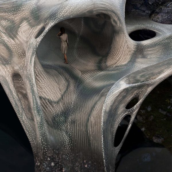 Softbiome's digital visual of a female standing in a cave of an organic shape