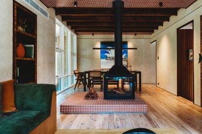 Living room with log burner in the middle