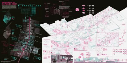 Board showing architectural drawings and diagrams of the renovation of the People's Building in St Louis, USA