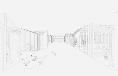Perspective drawing of a rooftop with facilities for food, water and energy production as well as education and work.