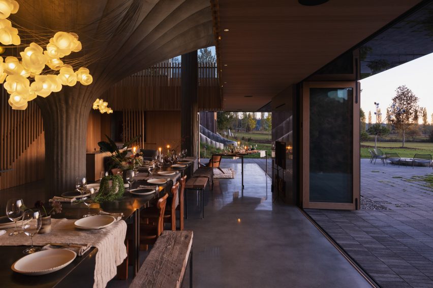 Sliding glass doors that open onto a kitchen