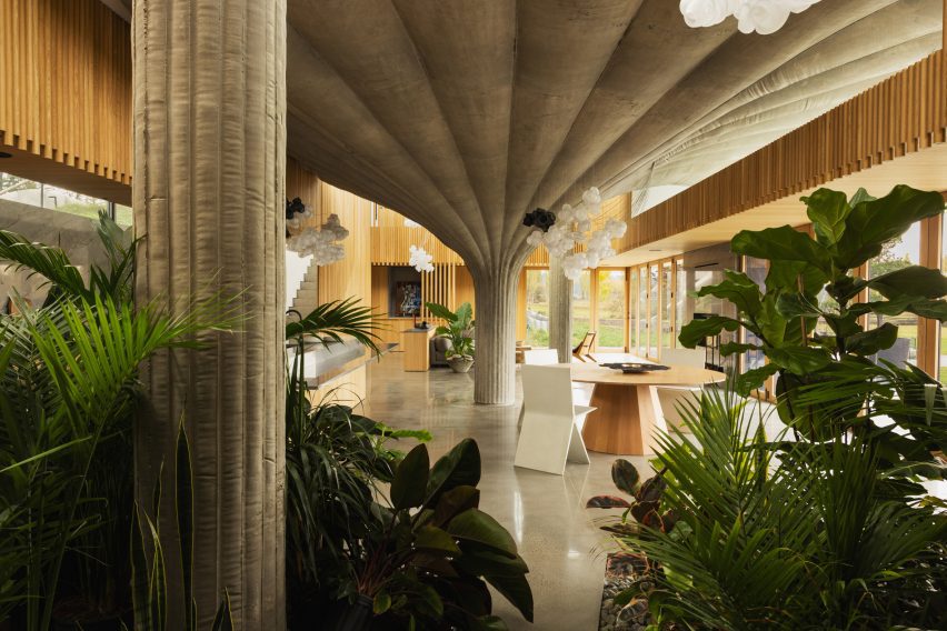 Kitchen in house with massive concrete pillar