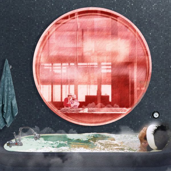Illustration of person in the bath with a large red window behind them