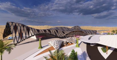 Visualisation showing a transport hub in the desert