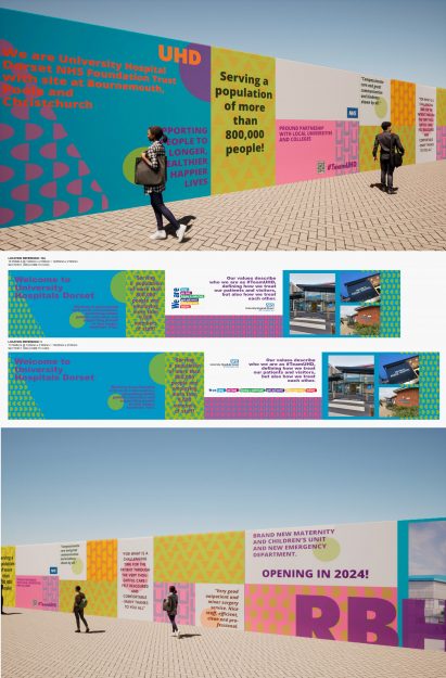 Visualisations of brightly-coloured information/display boards outside a hospital