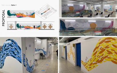 Board showing wall murals in hospital