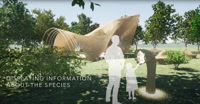 Visualisation showing a curved building in a woodland area