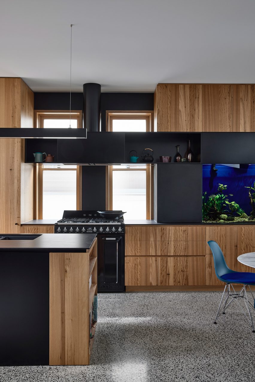 Helvetia house Melbourne kitchen area with inbuilt fish tank