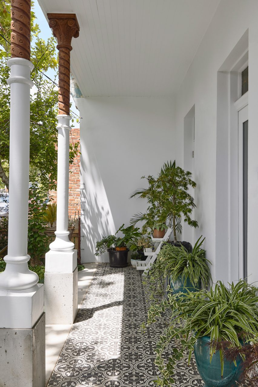 Front of Helvetia house in Fitzroy with beams and tiled floor