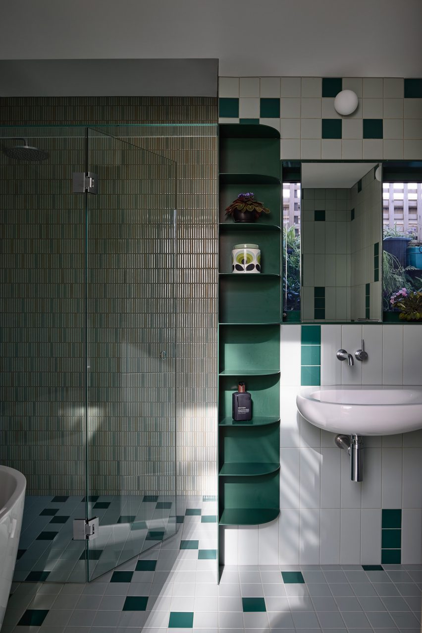 Bathroom sink and shower in Helvetia house Fitzroy