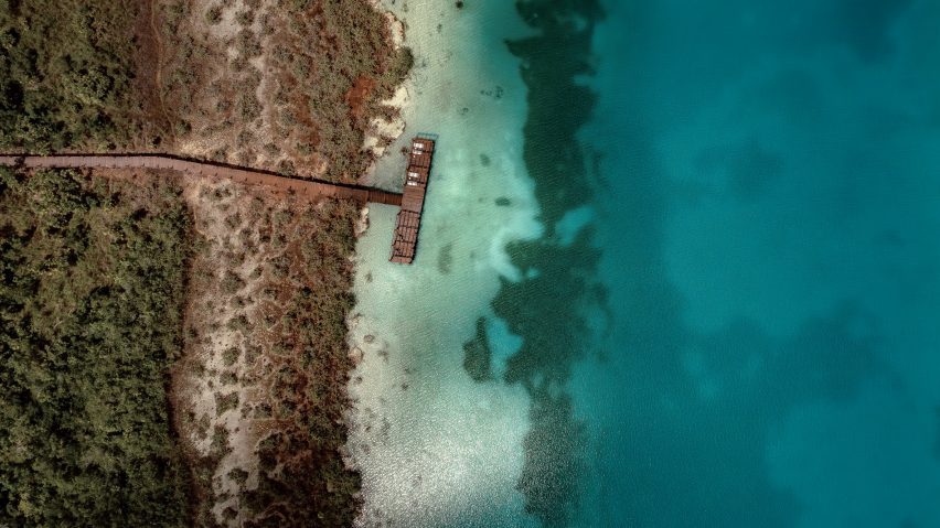 An aerial view of a dock overlooking the ocean in Mexico