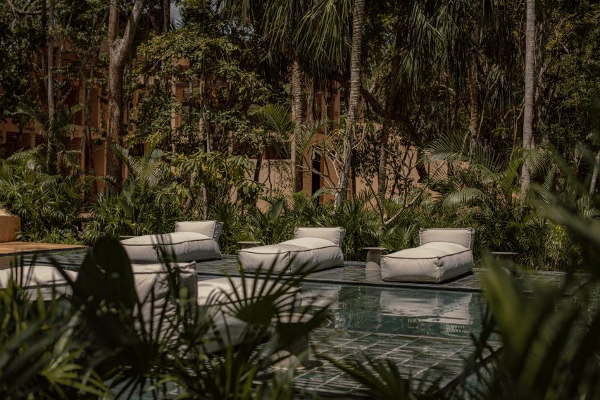 A pool in a jungle with cushion lounge chairs