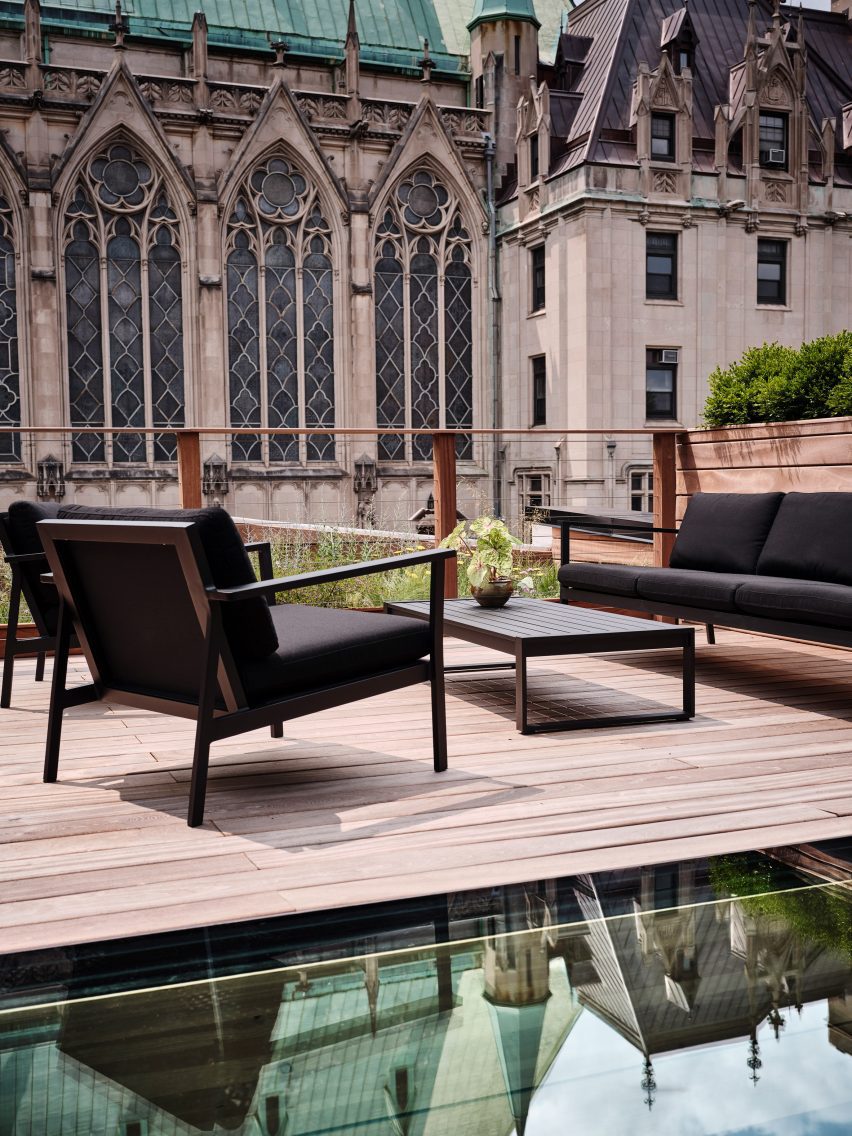 A seating area on an outdoor patio