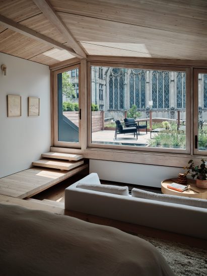 A seating area that overlooks an outdoor patio