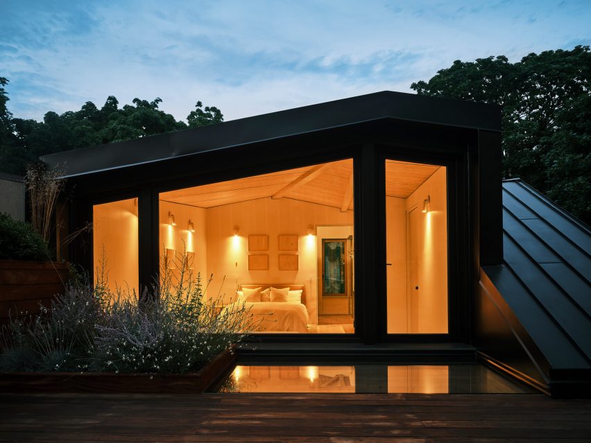 A roof extension illuminated in the evening light