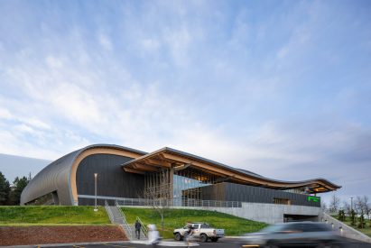 A curving metal roof on a basketball court in Idaho