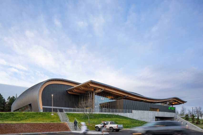A curving metal roof on a basketball court in Idaho