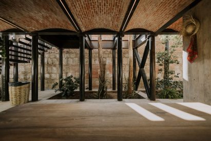 Vaulted brick ceilings above a retail space
