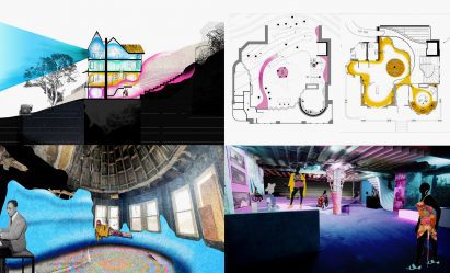Board comprising different architectural drawings and visualisations of the National Opera House
